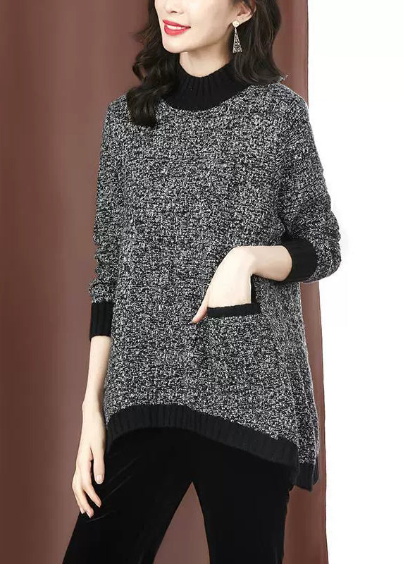 Unique Black Half Hign Neck Pockets Low High Design Knit Sweaters Spring