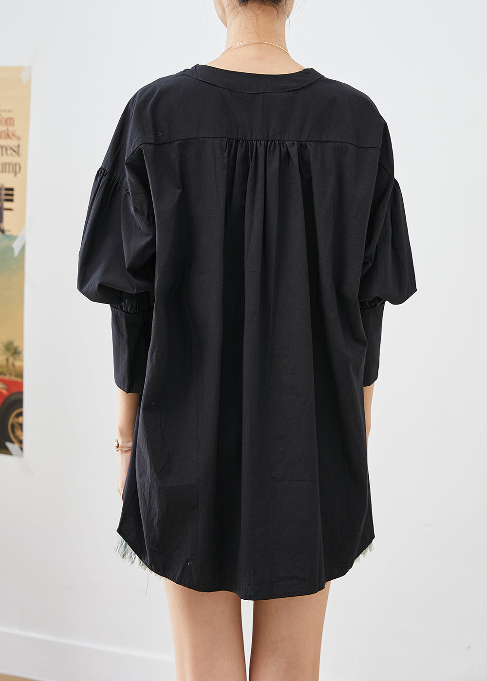 Unique Black Heart Neck Low High Design Cotton Shirt Top Fall