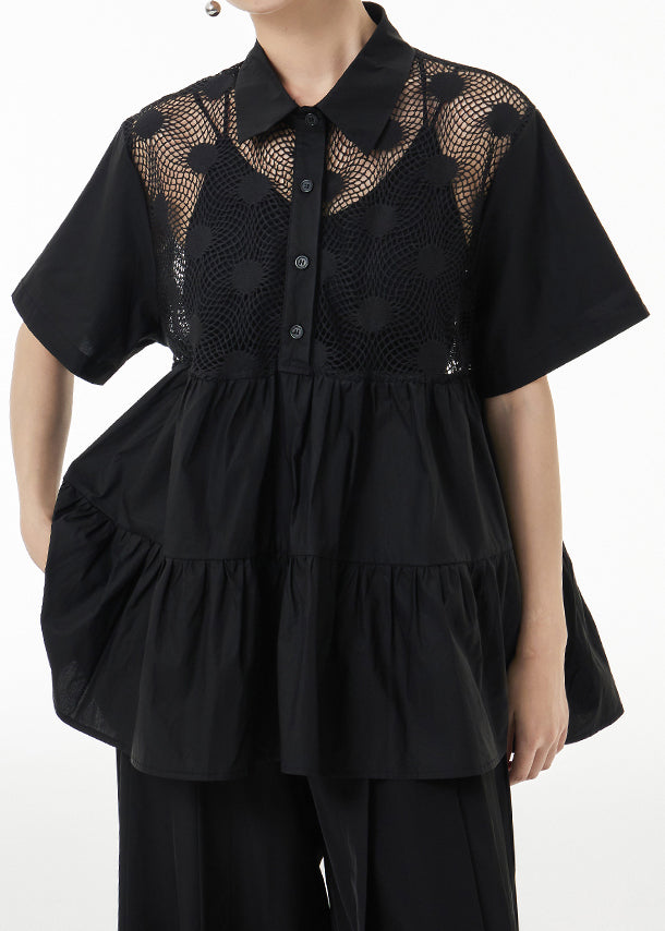 Unique Black Hollow Out Wrinkled Patchwork Cotton Blouses Summer