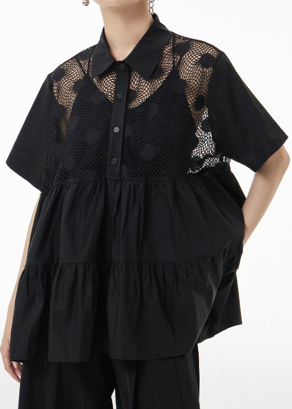 Unique Black Hollow Out Wrinkled Patchwork Cotton Blouses Summer