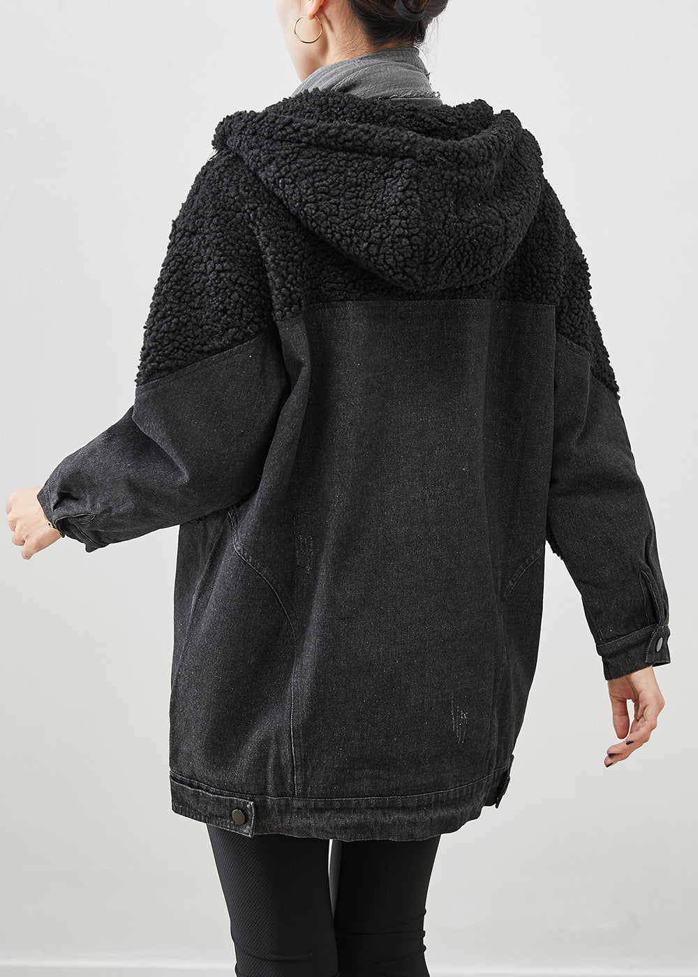 Unique Black Hooded Patchwork Woolen Denim Fine Cotton Filled Jackets Winter