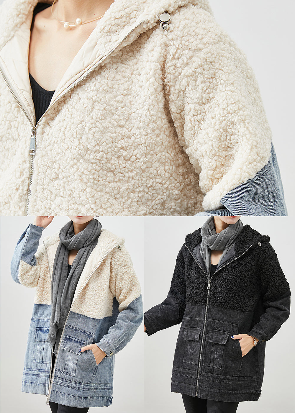Unique Black Hooded Patchwork Woolen Denim Fine Cotton Filled Jackets Winter