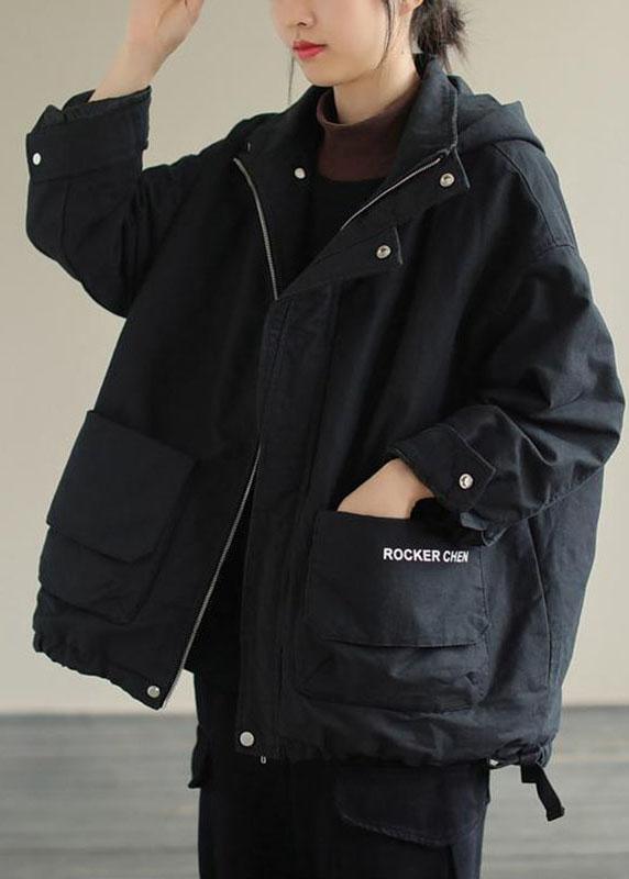Unique Black Hooded Pockets Winter Cotton Coat Long sleeve - Omychic