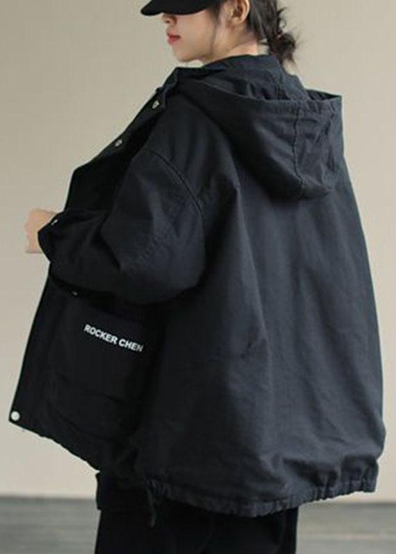Unique Black Hooded Pockets Winter Cotton Coat Long sleeve - Omychic