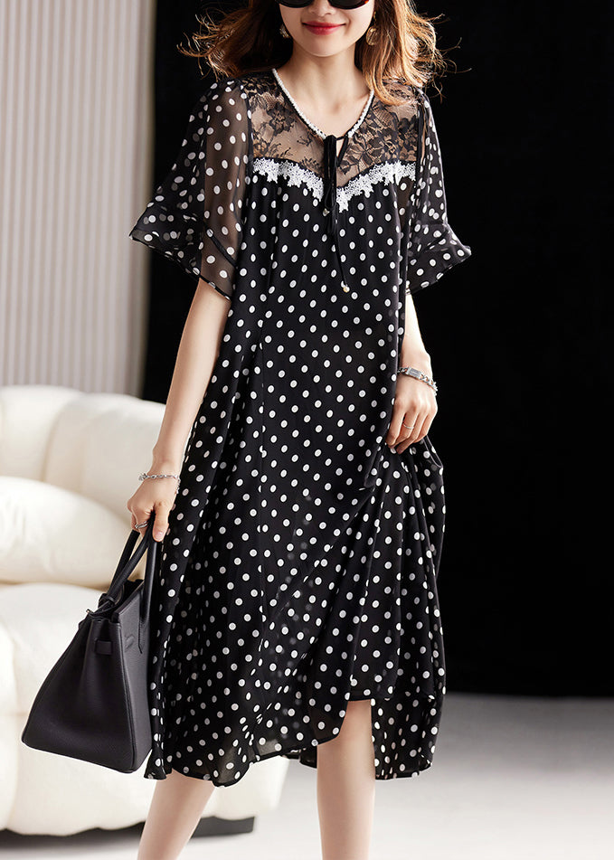 Unique Black Lace Up Print Lace Patchwork Chiffon Dress Summer