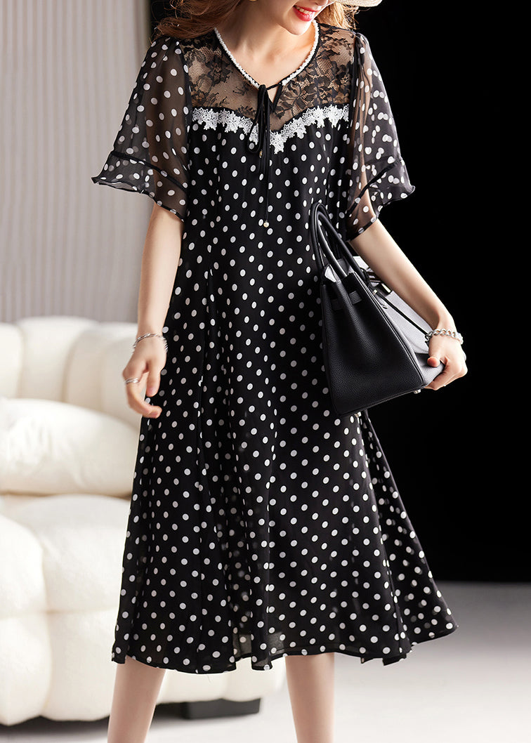 Unique Black Lace Up Print Lace Patchwork Chiffon Dress Summer