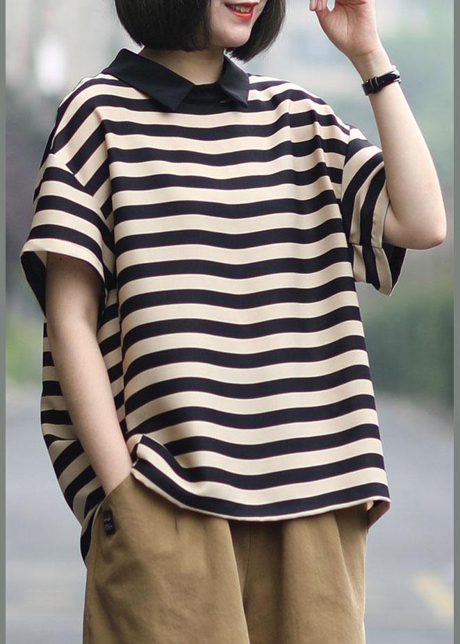 Unique Black Nude Striped Turn-down Collar Summer Blouses Short - Omychic