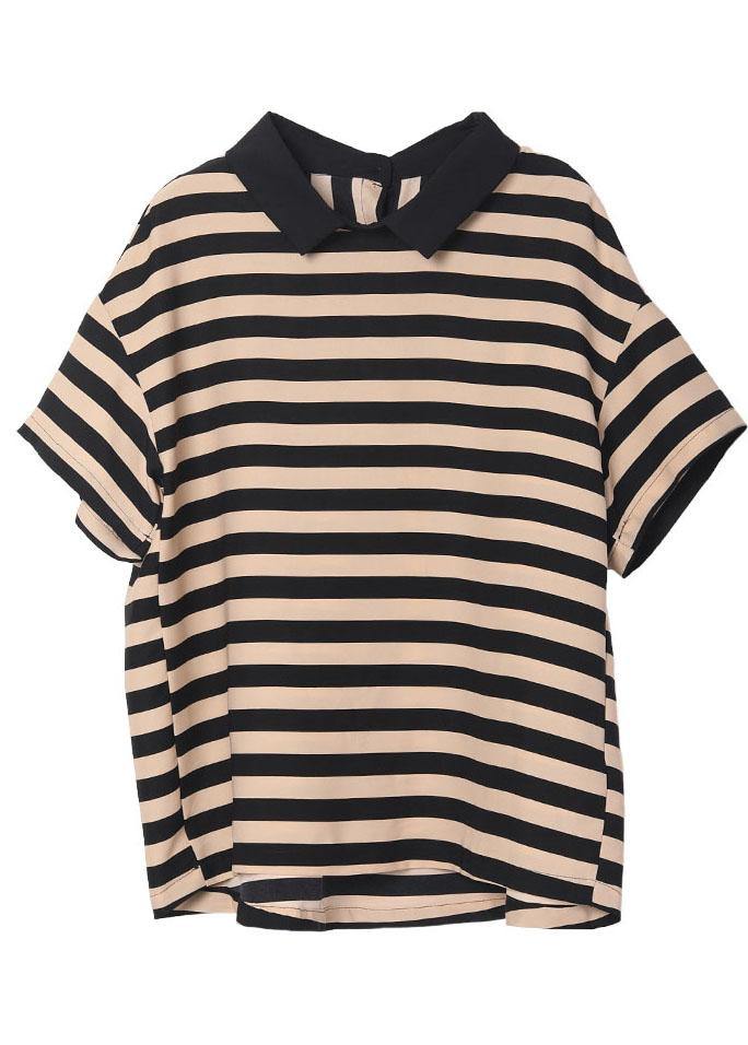 Unique Black Nude Striped Turn-down Collar Summer Blouses Short - Omychic