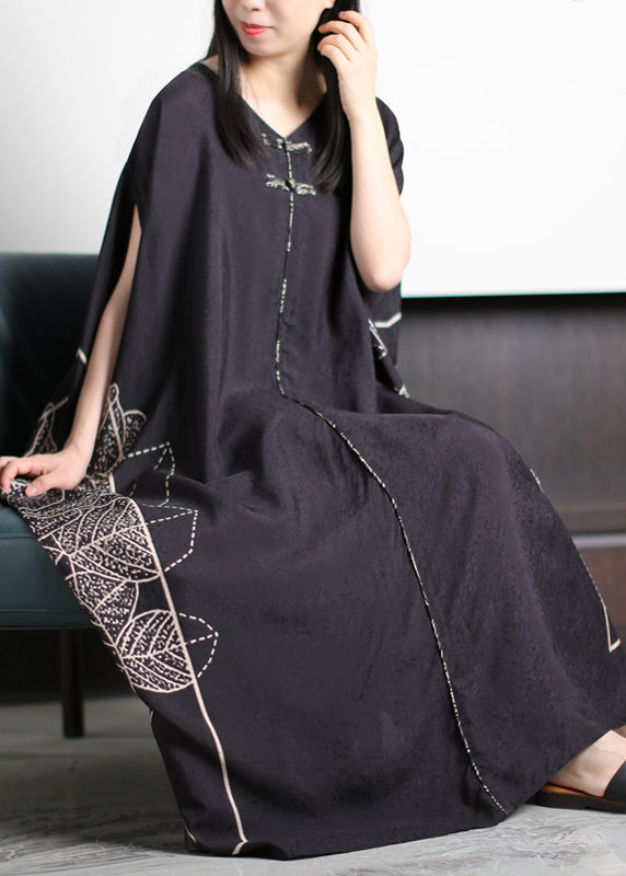 Unique Black O-Neck Asymmetrical Patchwork Print Silk Vacation Dresses Half Sleeve