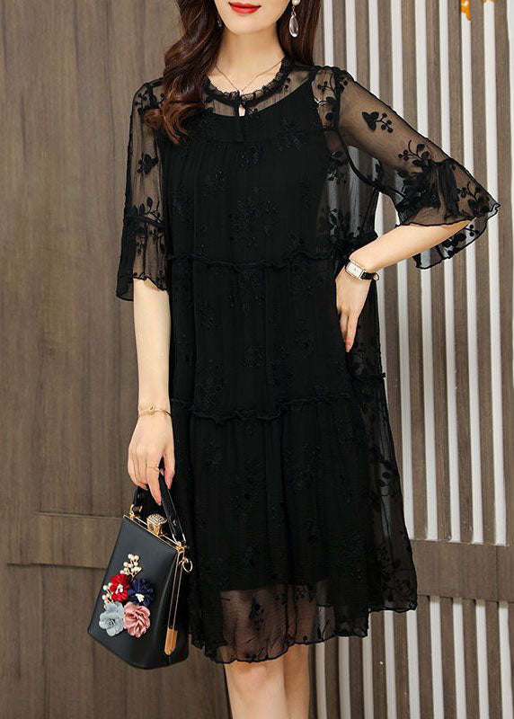 Unique Black O-Neck Embroideried Patchwork Tulle Dress Half Sleeve