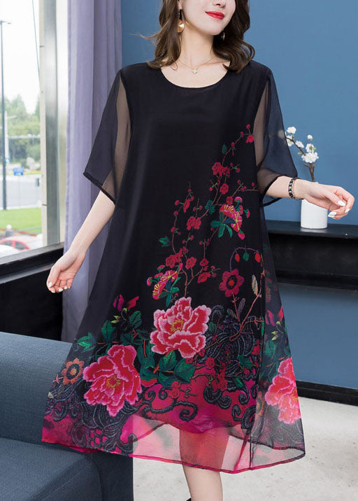 Unique Black O Neck Floral Print Patchwork Chiffon Dresses Summer