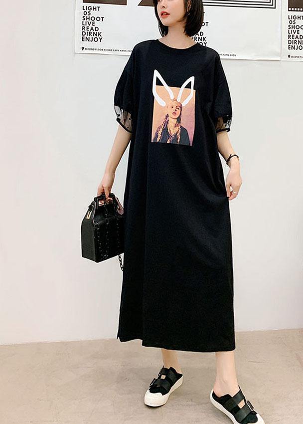 Unique Black O-Neck Puff Sleeve Summer Character Long Dress - Omychic
