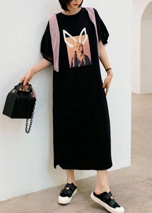 Unique Black O-Neck Puff Sleeve Summer Character Long Dress - Omychic