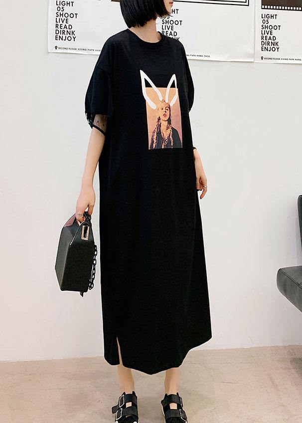 Unique Black O-Neck Puff Sleeve Summer Character Long Dress - Omychic