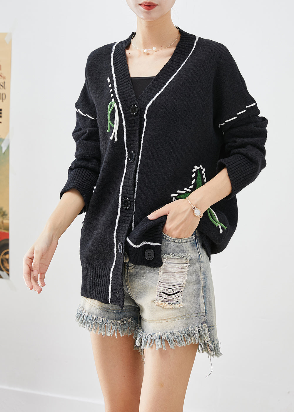 Unique Black Oversized Jacquard Knit Cardigan Fall