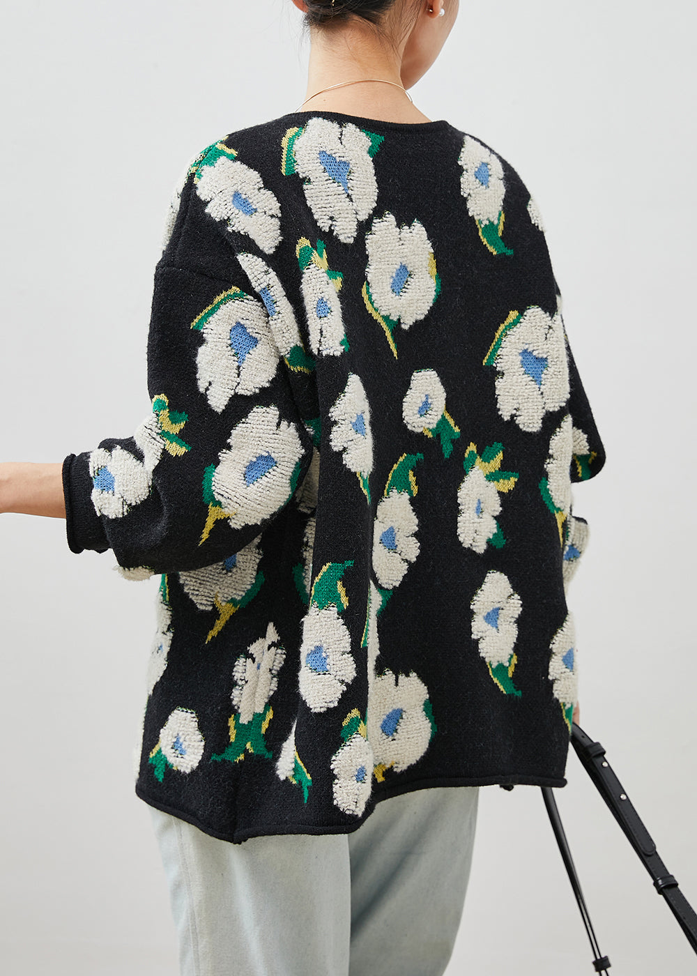 Unique Black Oversized Jacquard Knit Cardigan Winter