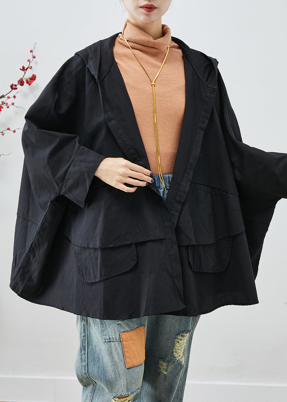 Unique Black Oversized Patchwork Cotton Jacket Batwing Sleeve