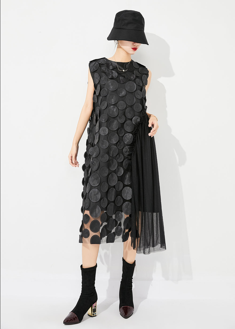 Unique Black Oversized Patchwork Tulle Holiday Dress Sleeveless