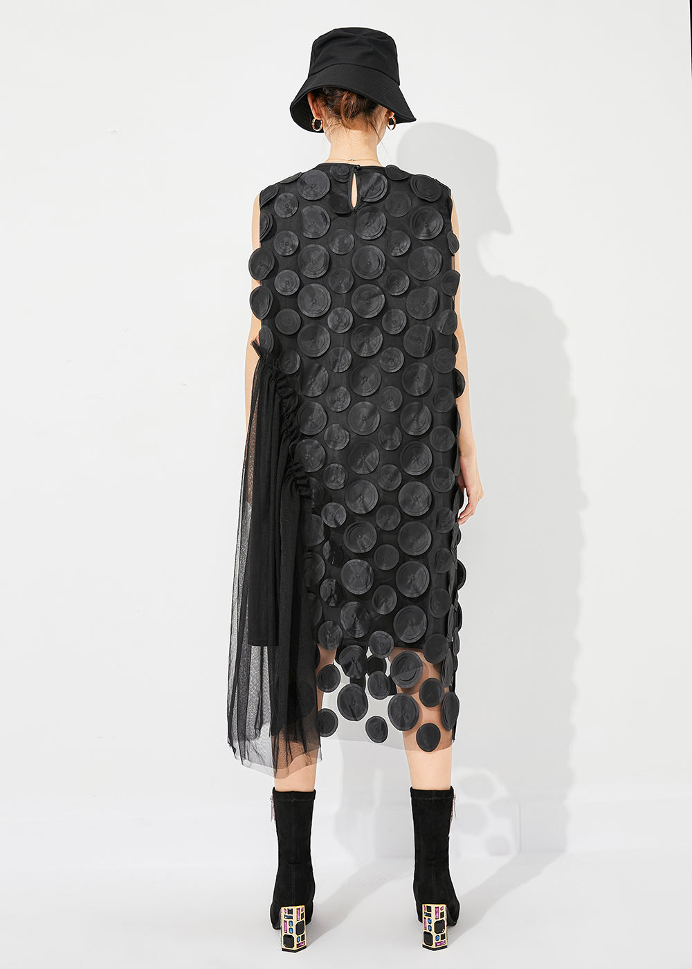 Unique Black Oversized Patchwork Tulle Holiday Dress Sleeveless
