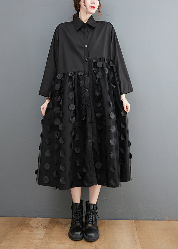 Unique Black Peter Pan Collar Button Tulle Patchwork Shirt Dresses Spring