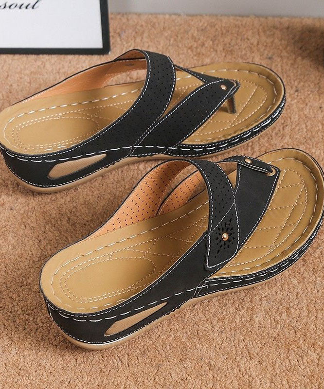 Unique Black Plus Size Splicing Wedge Thong Sandals Faux Leather