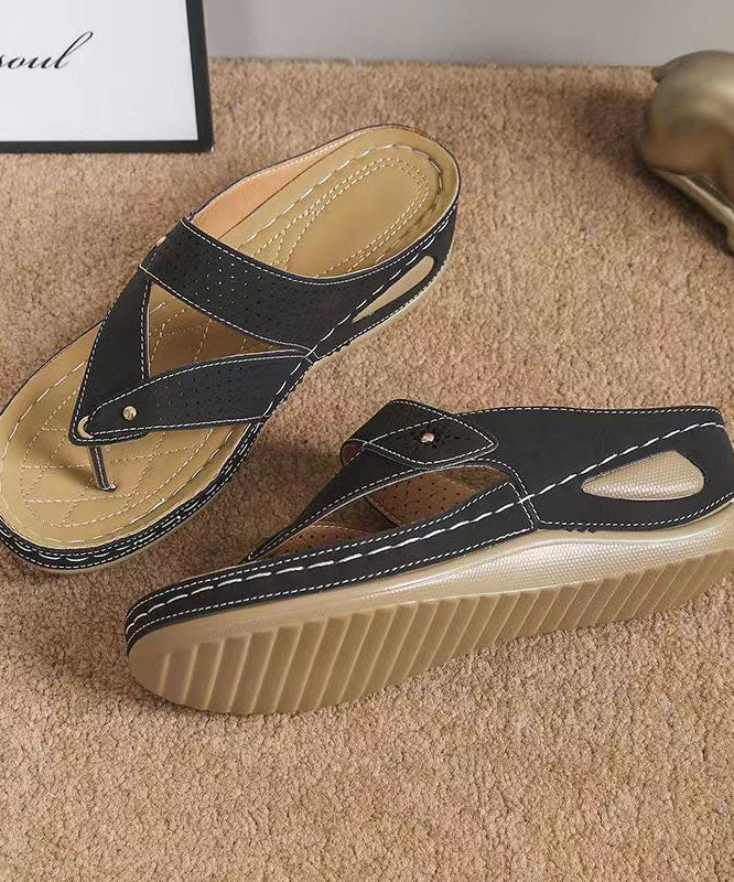 Unique Black Plus Size Splicing Wedge Thong Sandals Faux Leather