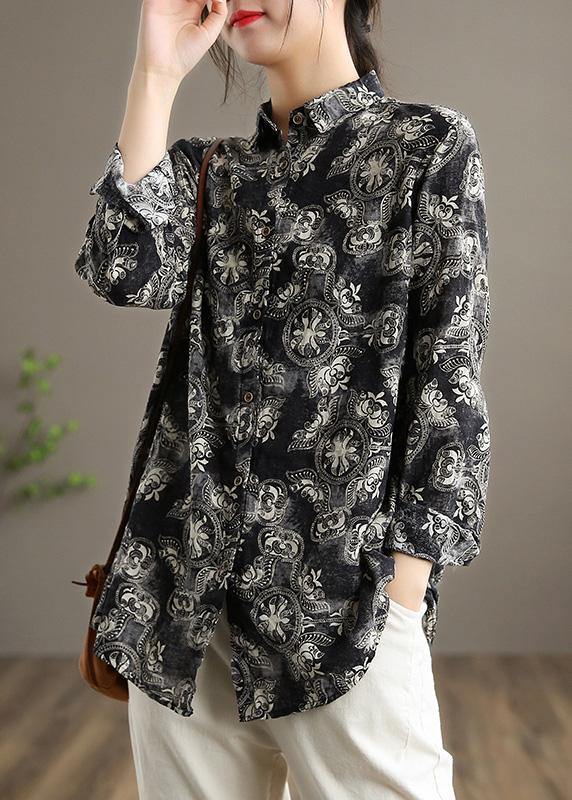 Unique Black Print Top Lapel Button Down Tunic Spring Tops - Omychic