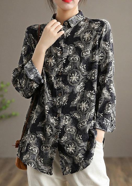 Unique Black Print Top Lapel Button Down Tunic Spring Tops - Omychic