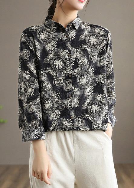 Unique Black Print Top Lapel Button Down Tunic Spring Tops - Omychic