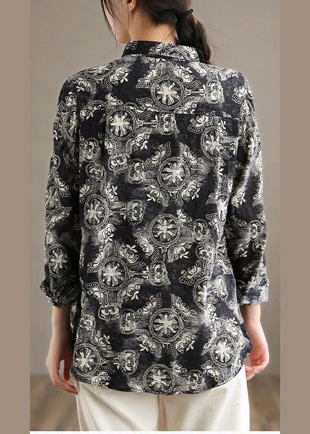 Unique Black Print Top Lapel Button Down Tunic Spring Tops - Omychic