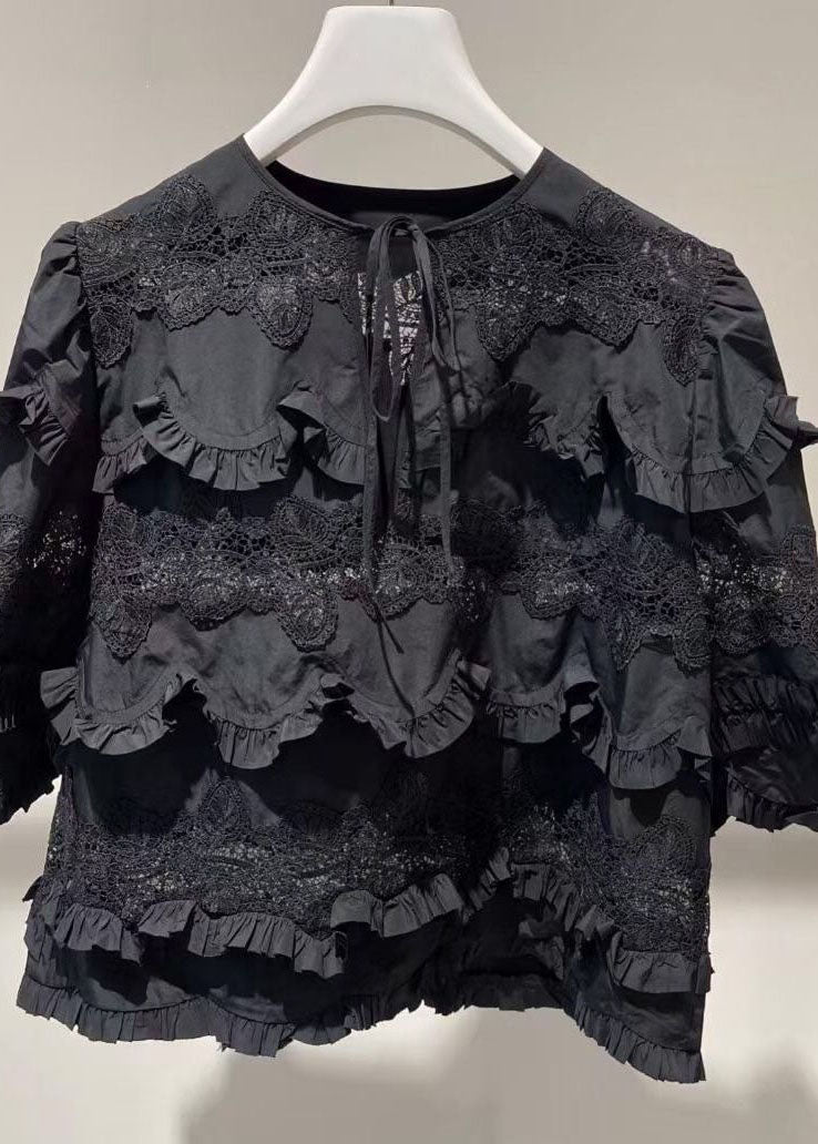 Unique Black Ruffled Lace Patchwork Cotton Shirt Top Summer