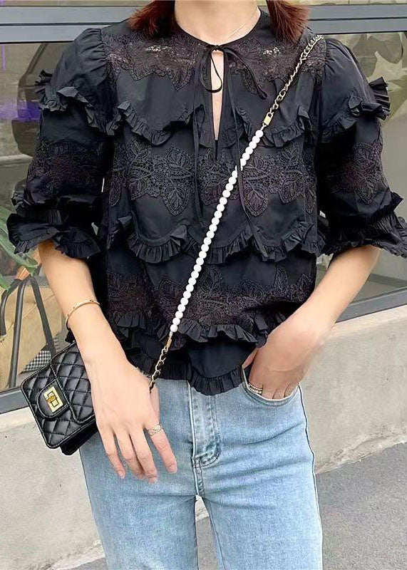 Unique Black Ruffled Lace Patchwork Cotton Shirt Top Summer