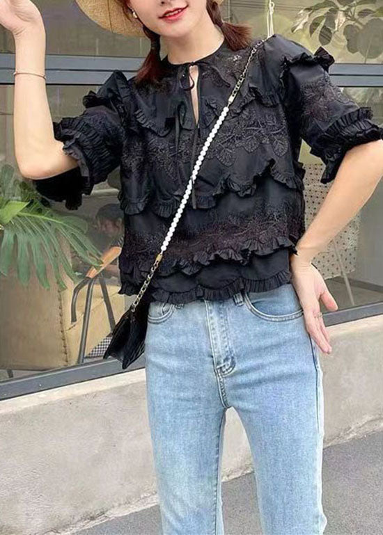 Unique Black Ruffled Lace Patchwork Cotton Shirt Top Summer