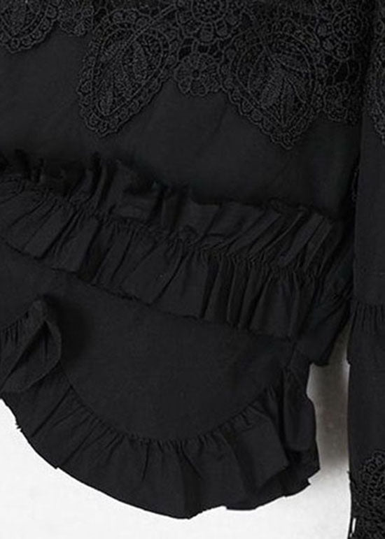 Unique Black Ruffled Lace Patchwork Cotton Shirt Top Summer