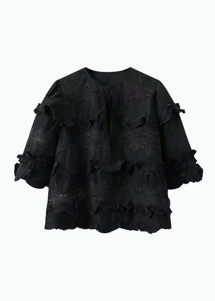 Unique Black Ruffled Lace Patchwork Cotton Shirt Top Summer