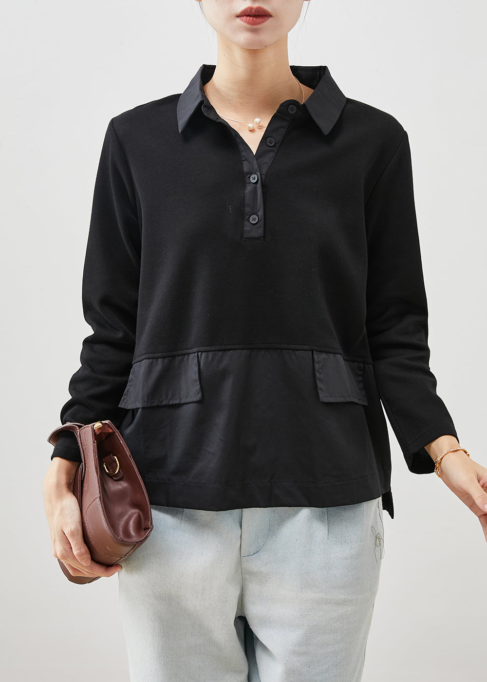 Unique Black Ruffled Patchwork Cotton Blouses Spring