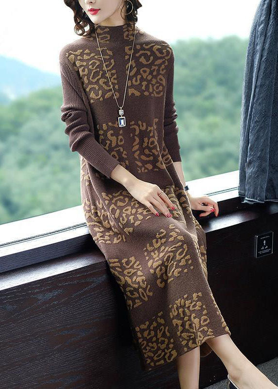 Unique Black Stand Collar Print Long Knit Dress Winter