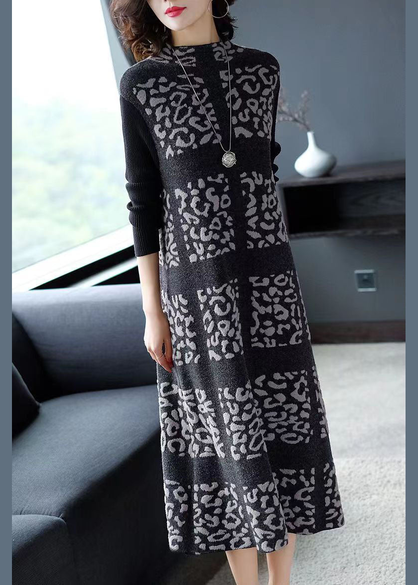 Unique Black Stand Collar Print Long Knit Dress Winter