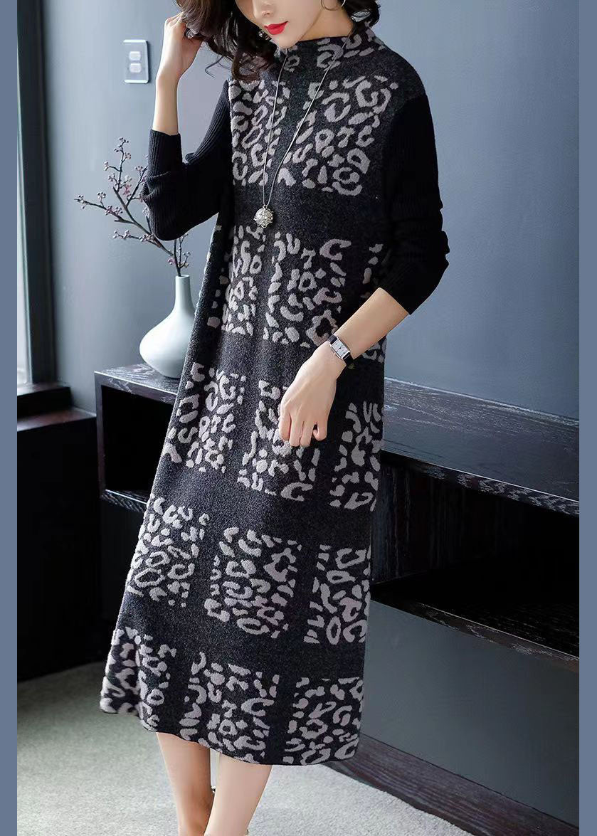 Unique Black Stand Collar Print Long Knit Dress Winter