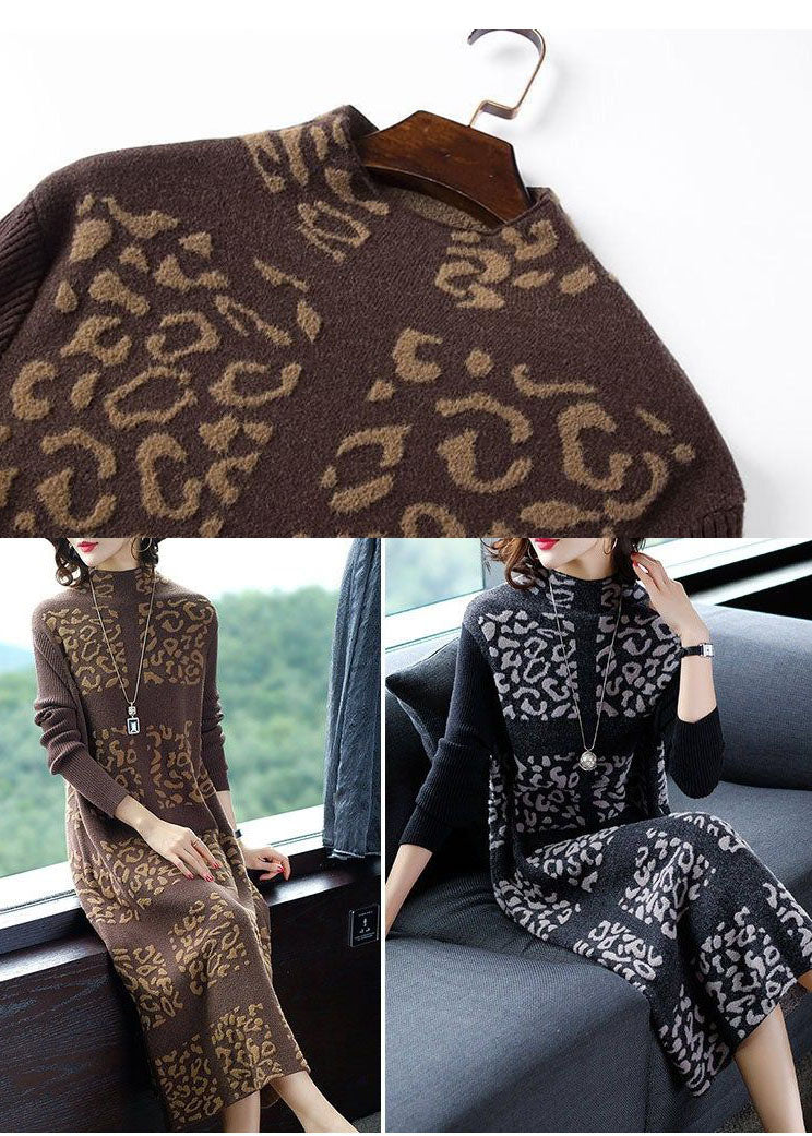 Unique Black Stand Collar Print Long Knit Dress Winter