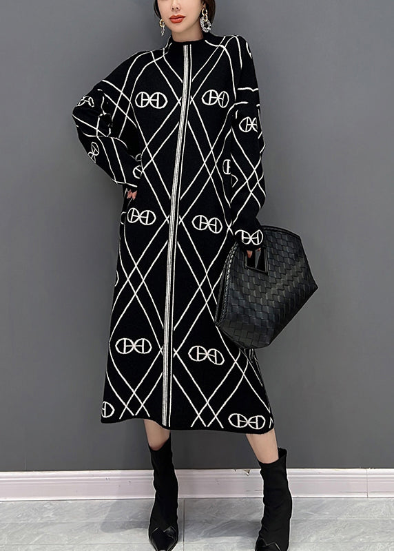 Unique Black Stand Collar White Striped Patchwork Knit Long Dress Fall