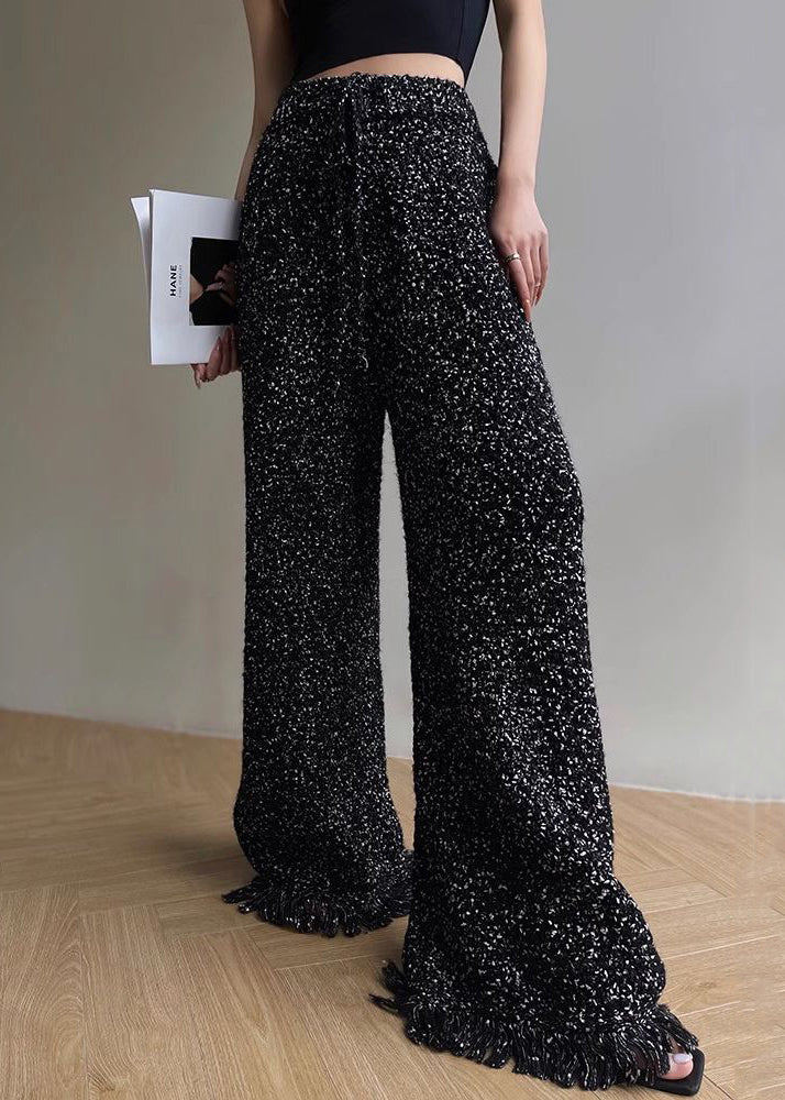 Unique Black Tasseled Tops And Pants Two Pieces Set Fall