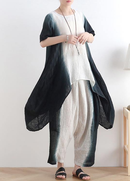 Unique Black Tie Dye Linen Short Sleeve Women Sets two Pieces - Omychic