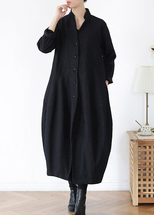 Unique Black V Neck Pockets Linen Trench Coats Long Sleeve