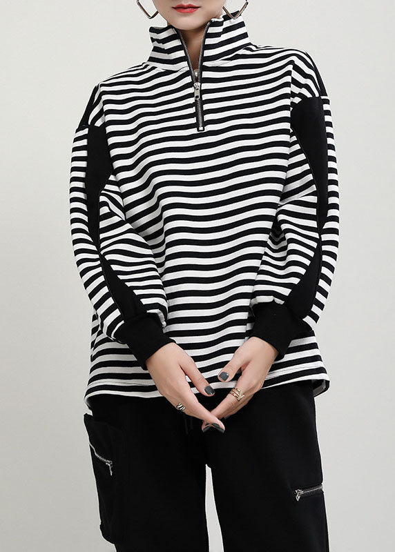 Unique Black White Striped Loose zippered Patchwork Fall Long Sleeve Top