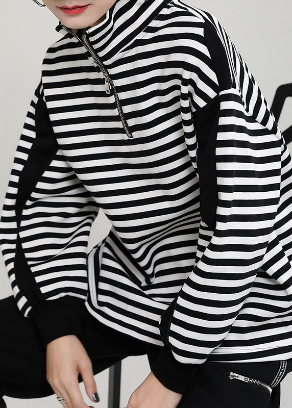 Unique Black White Striped Loose zippered Patchwork Fall Long Sleeve Top