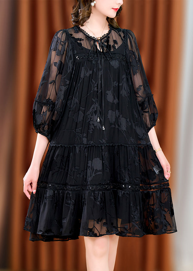 Unique Black Wrinkled Jacquard Patchwork Tulle Mid Dresses Fall