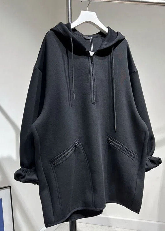 Unique Black Zippered Drawstring Hooded Pullover Long Sleeve