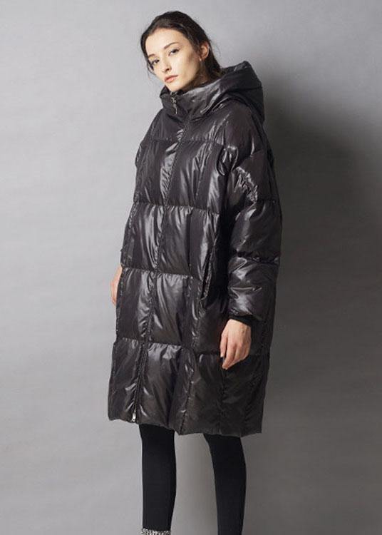 Unique Black hooded zippered Casual Winter Duck Down Thick down coat - Omychic