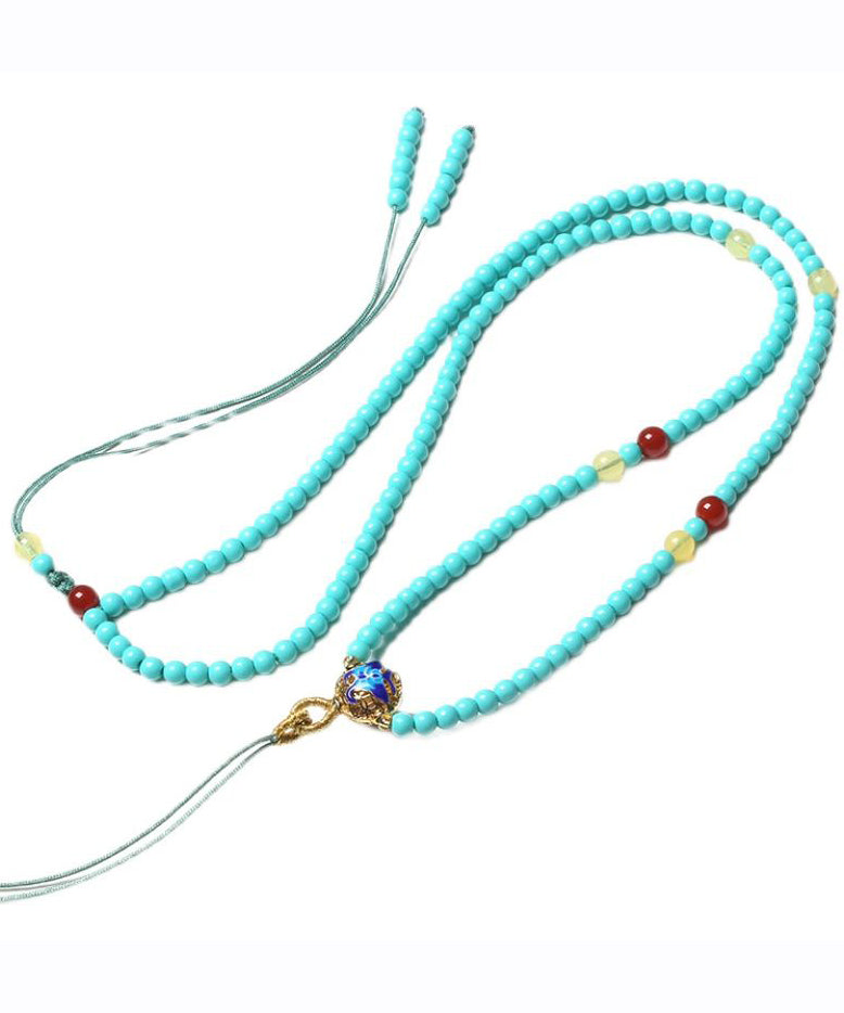 Unique Blue Alloy Turquoise Jade Beeswax Tassel Pendant Necklace